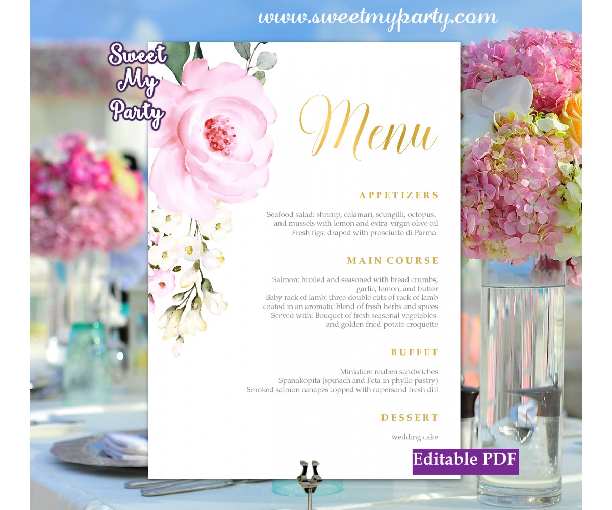 Cream pink roses menu cards printable template, (135)